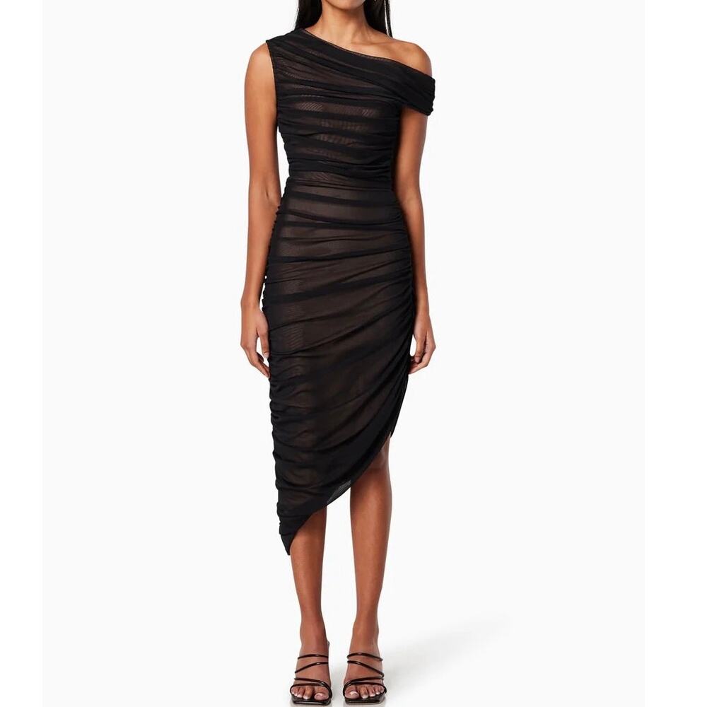 ELLIATT Rome Black Asymmetric Ruched Bodycon Midi Dress Glam Dressy - Sz Medium